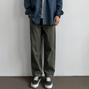 日系复古抽绳松紧腰休闲长裤 裤 潮 宽松直筒棉质双褶设计工装 ONUN