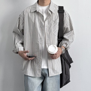 新款 ONUN 男生秋季 长袖 宽松休闲百搭翻领衬衣外套 复古竖条纹衬衫