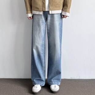 cleanfit宽松阔腿显高休闲长裤 复古水洗蓝色直筒牛仔裤 美式 ONUN
