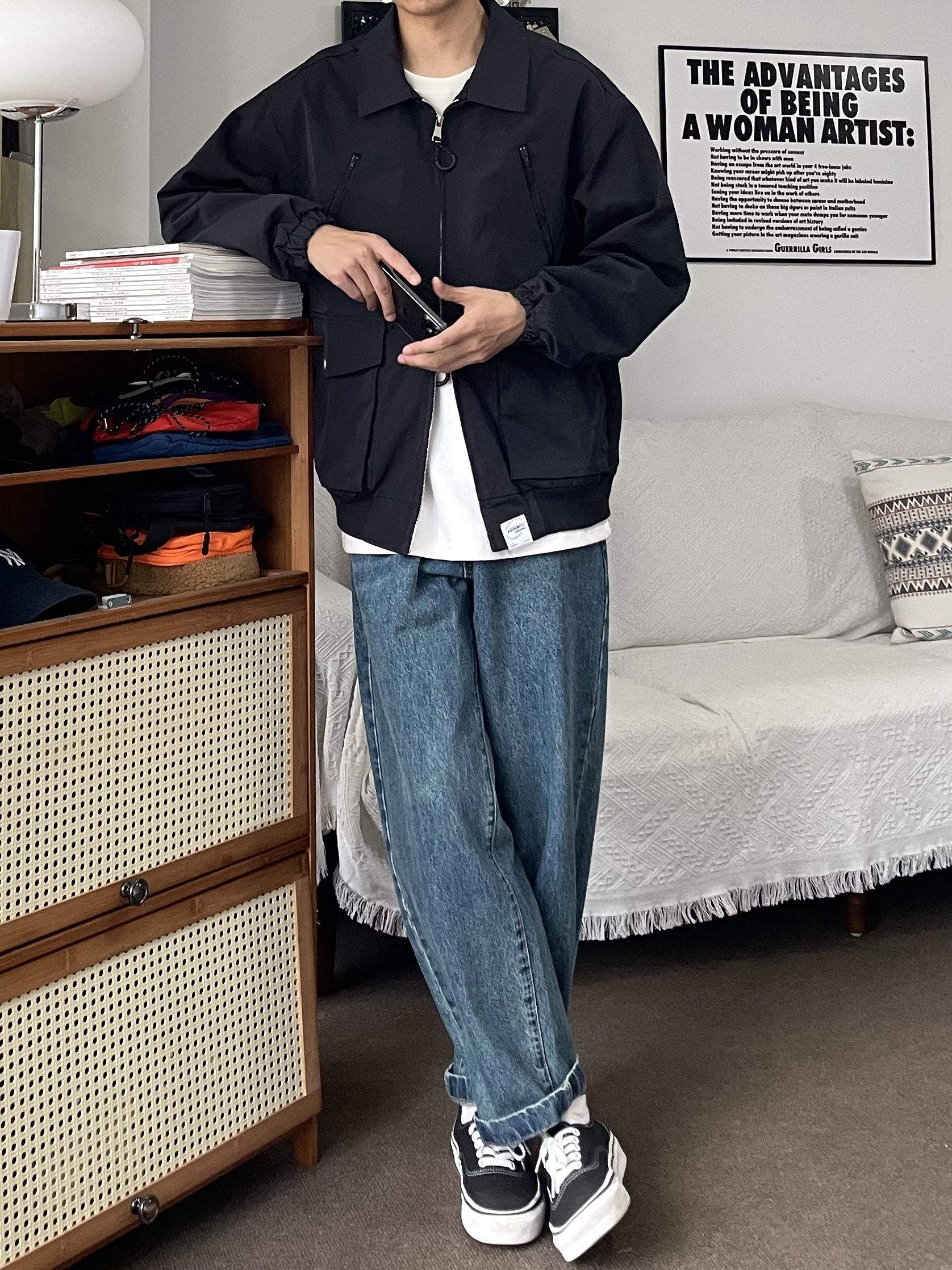 宽松直筒复古抽绳水洗牛仔裤