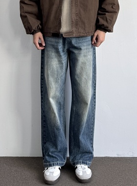 ONUN美式复古水洗做旧深蓝色直筒牛仔裤cleanfit宽松休闲阔腿长裤