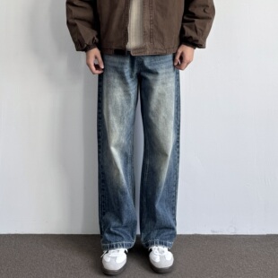 cleanfit宽松休闲阔腿长裤 ONUN美式 复古水洗做旧深蓝色直筒牛仔裤