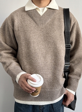ONUN 复古棉羊毛混纺假两件V领毛衣宽松加厚保暖老钱翻领针织衫潮