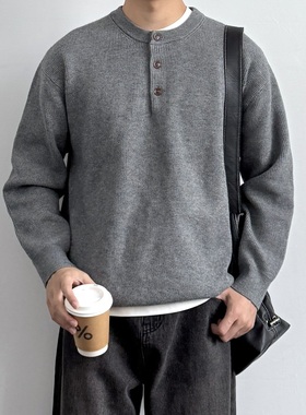 ONUN美式复古亨利领长袖毛衣秋冬宽松百搭纯色打底保暖圆领针织衫