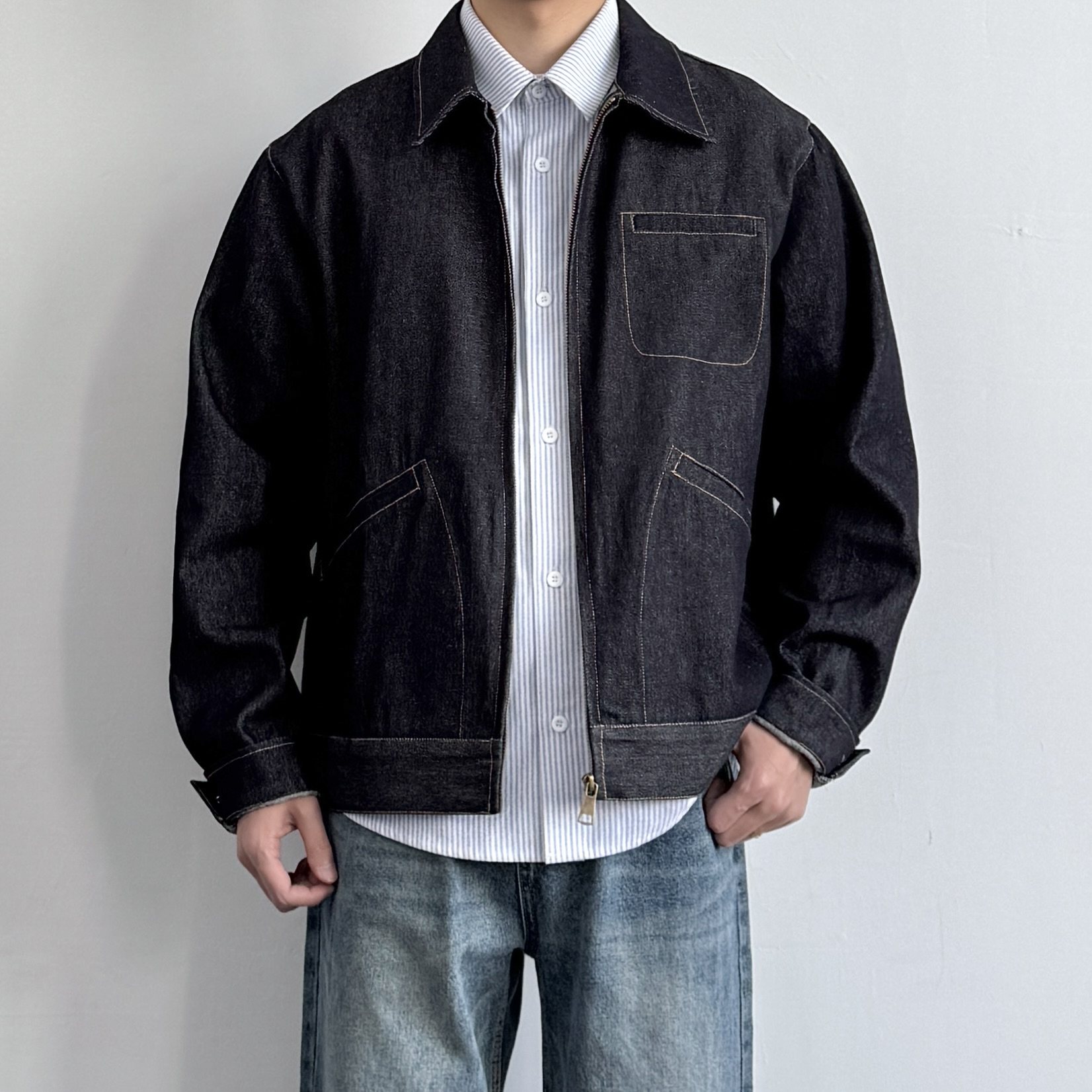 ONUN复古砂洗深蓝色牛仔夹克春秋百搭多口袋翻领宽松休闲新款外套,男装,牛仔外套,淘宝优惠券,粉丝福利购,淘宝优惠卷