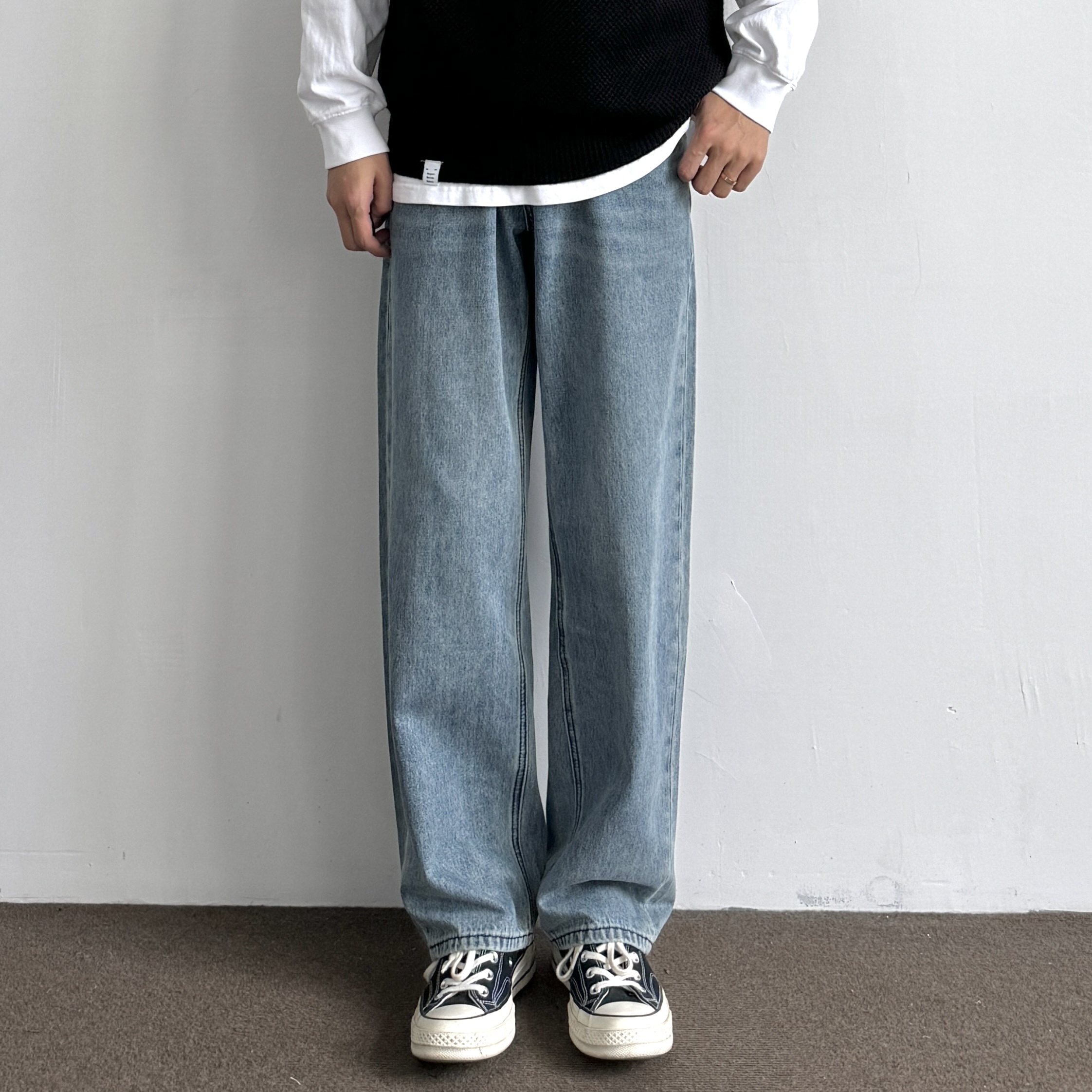 美式复古水洗宽松直筒牛仔裤