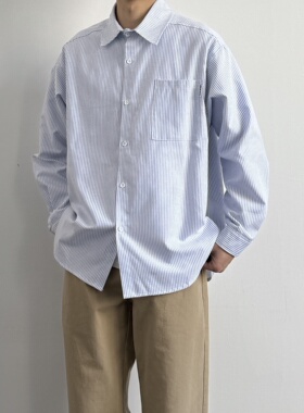 ONUN 日系复古蓝白条纹牛津纺长袖衬衫宽松休闲翻领工装衬衣外套