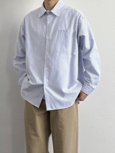 日系复古牛津纺蓝白条纹衬衫