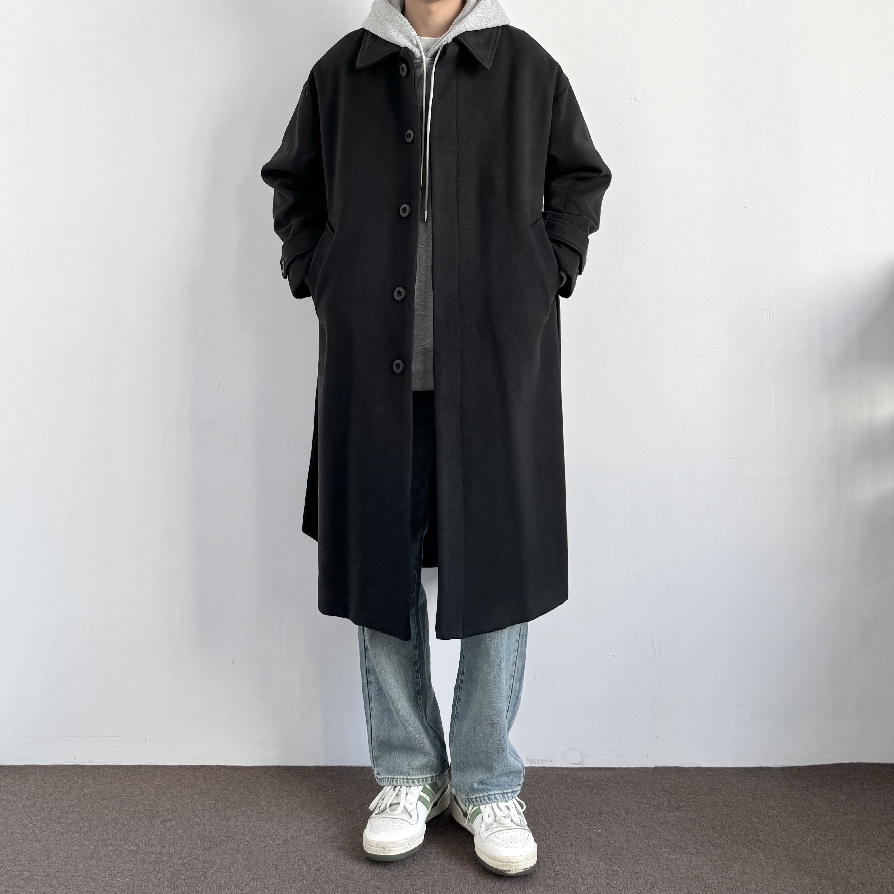 ONUN复古宽松毛呢大衣可拆卸腰带2025新款休闲中长款翻领呢子外套