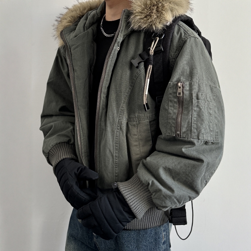 复古棉质可拆卸毛领连帽羽绒服