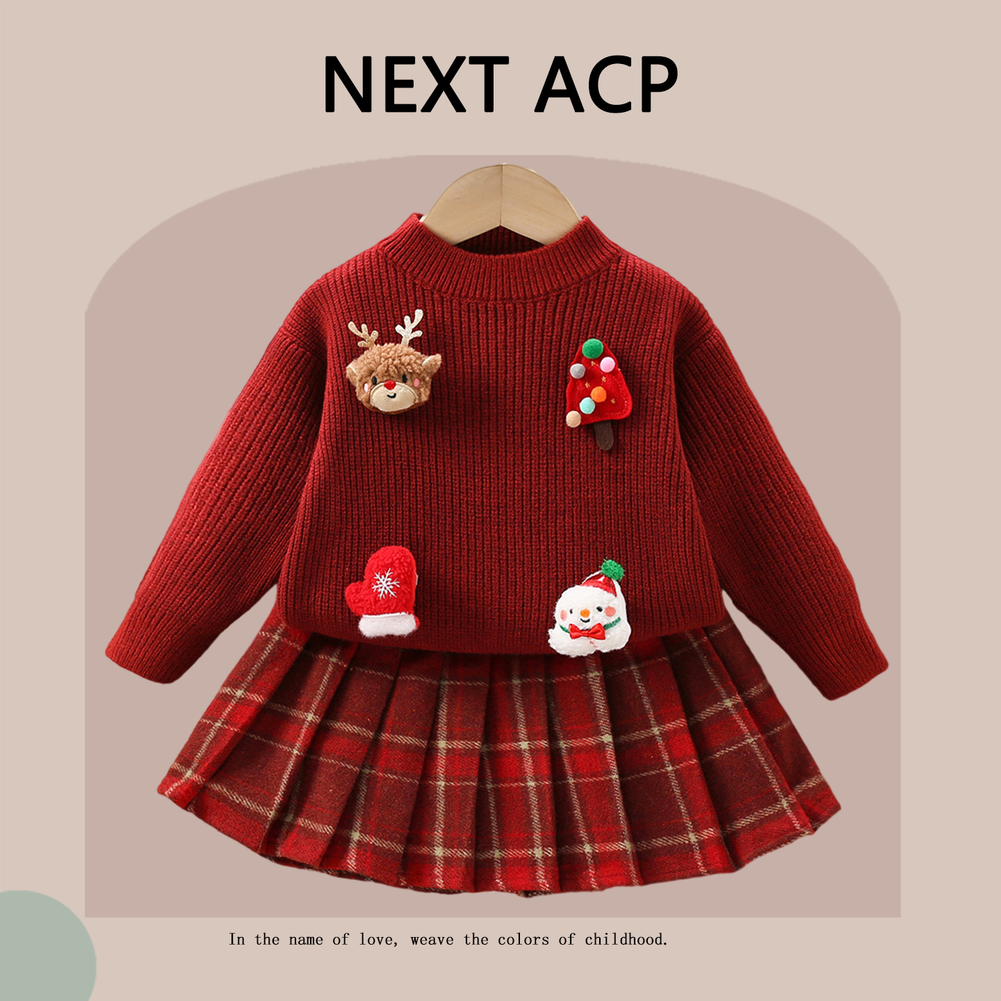 英国NEXT ACP女童红色公主裙套装秋冬圣诞女宝宝针织毛衣格子套裙