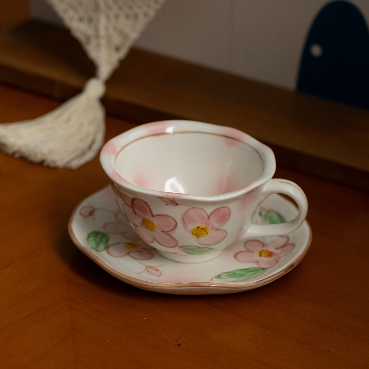 女生生日礼物高颜值手绘樱花咖啡杯碟套装复古红茶杯托盘日本进口