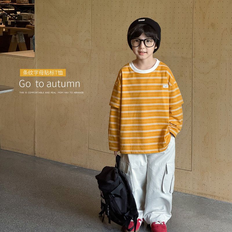 AOAO2025男童秋款韩版假两件宝宝上衣时尚拼色圆领贴标儿童T恤潮