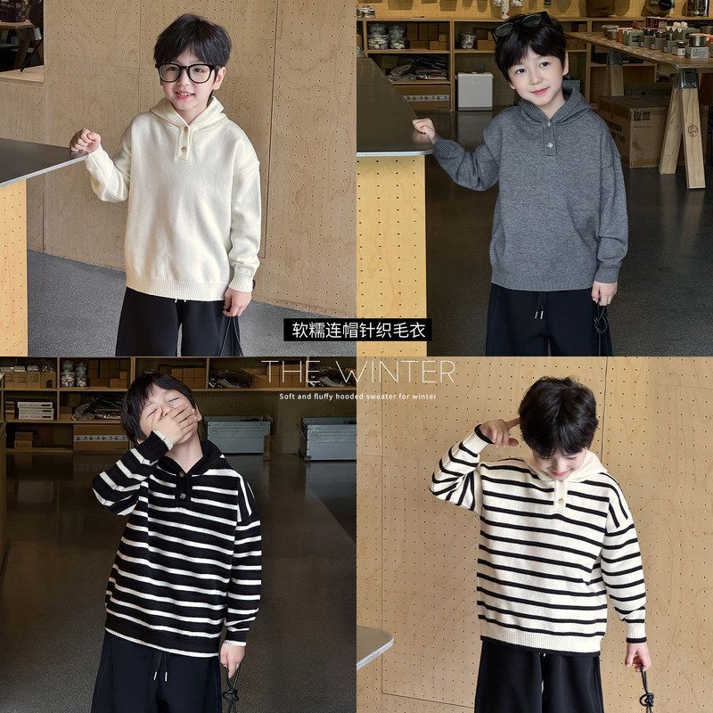 AOAO2025男童冬季新款百搭连帽半开衫宝宝针织衫加厚打底儿童毛衣
