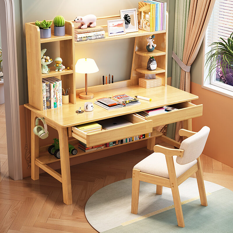 卧室儿童实木书桌书架一体学习桌简易台式电脑桌家用初中生写字桌