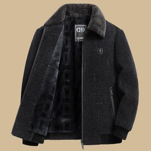 新款加绒外年爸秋冬闲男士夹克领雪尔上保套中老爸休翻尼衣加厚暖