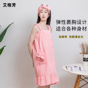 比纯棉吸水速干不易掉毛二件套束发带 浴裙女家用春夏浴巾2024新款
