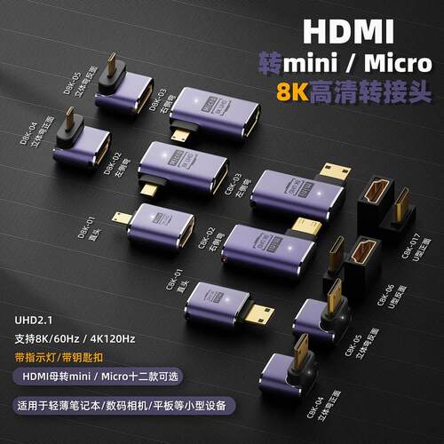 C型D型转接头UHD2.1 HDMI母转Mini Micro带灯 支持8K高清转接头