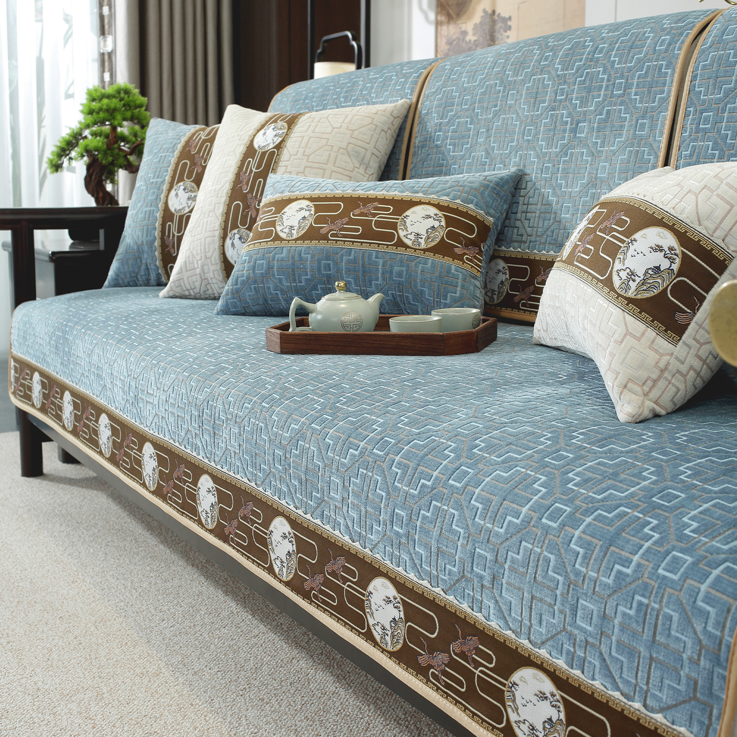 新中式雪尼尔四季通用防滑沙发垫