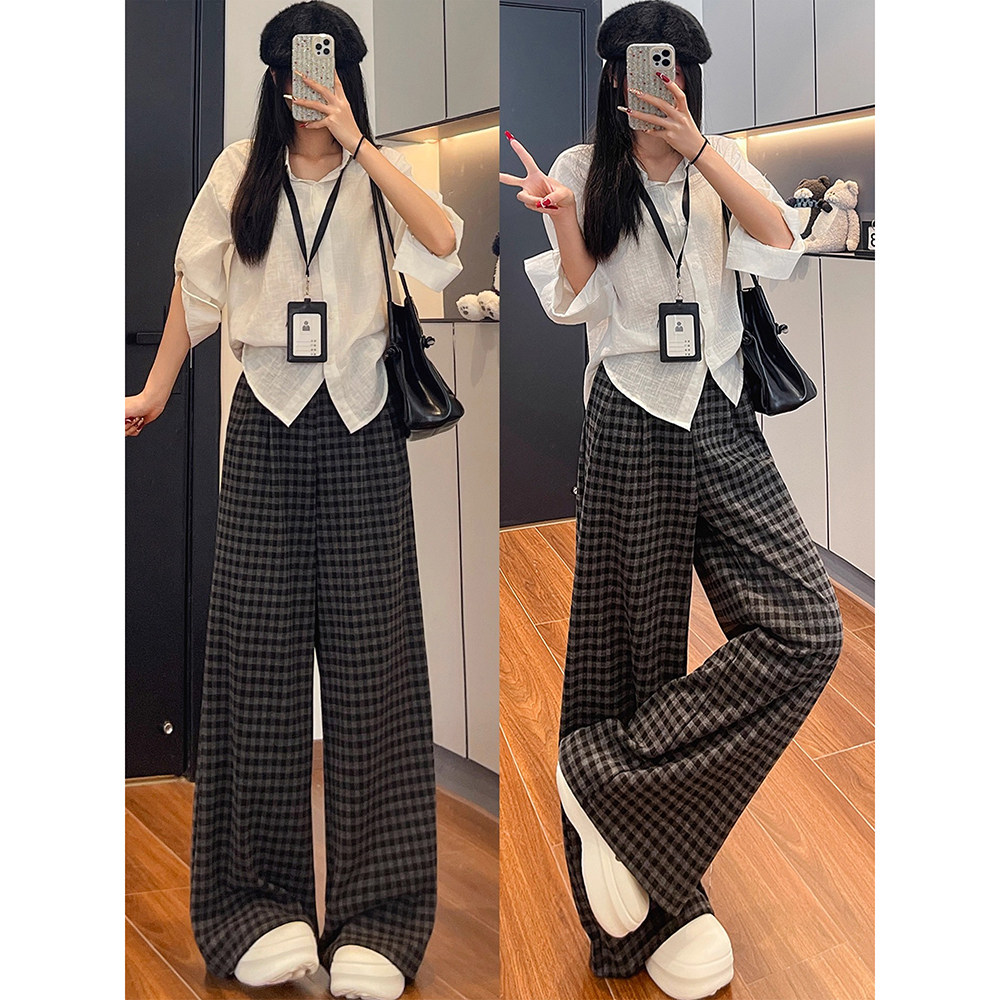 2025年新款黑灰格子阔腿裤女春秋季休闲风高腰宽松显瘦毛呢西装裤