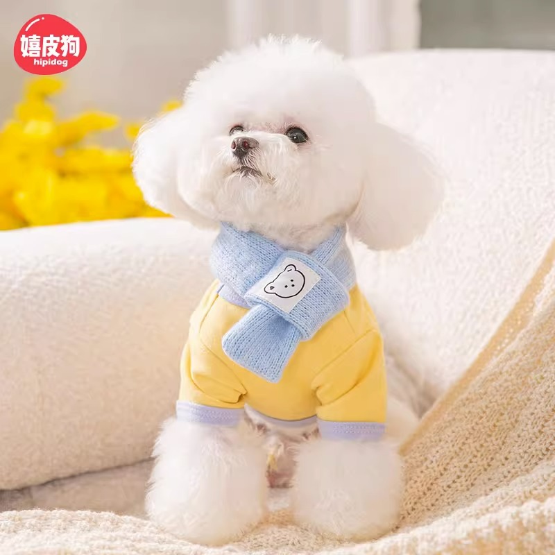 秋冬季狗狗马卡龙打底衫猫咪两脚带围巾套装宠物保暖泰迪比熊衣服