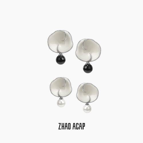 ZHAO ACAP虎刺梅白珐琅mini黑玛瑙/珍珠耳钉女花朵高级感甜美耳环