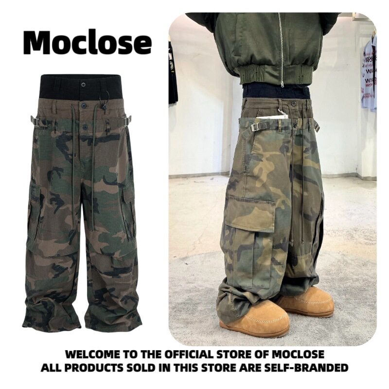 Moclose 美式街头三腰拼接复古迷彩男女款宽松多口袋嘻哈工装长裤