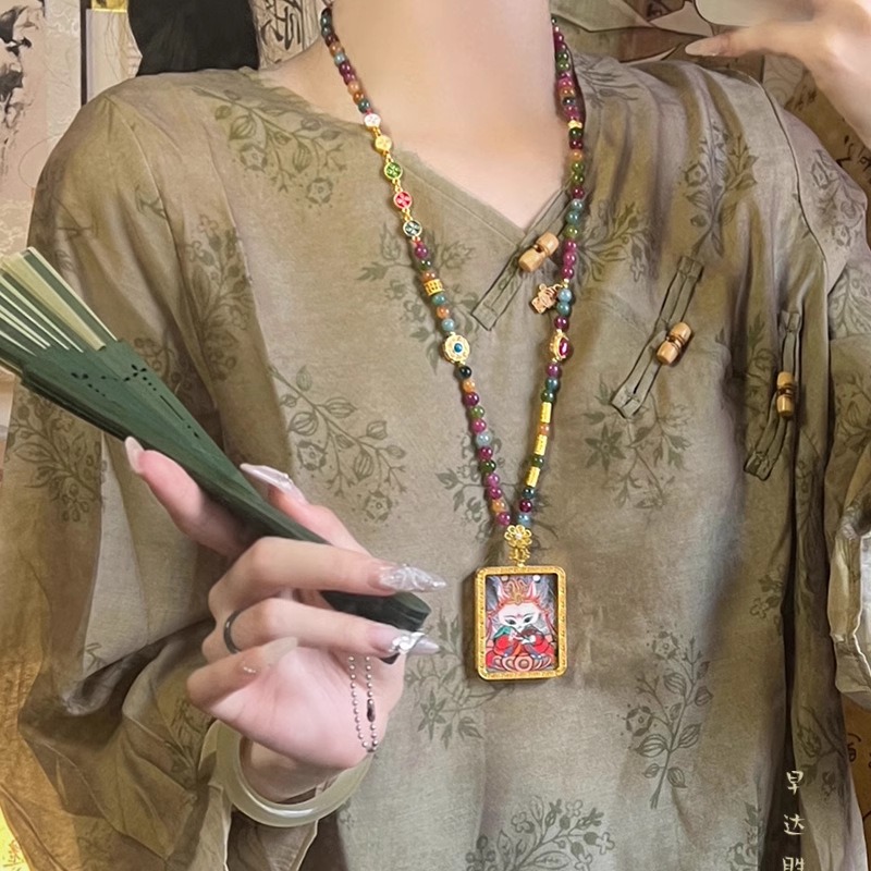 藏式唐卡扎基拉姆粉色串珠吊坠项