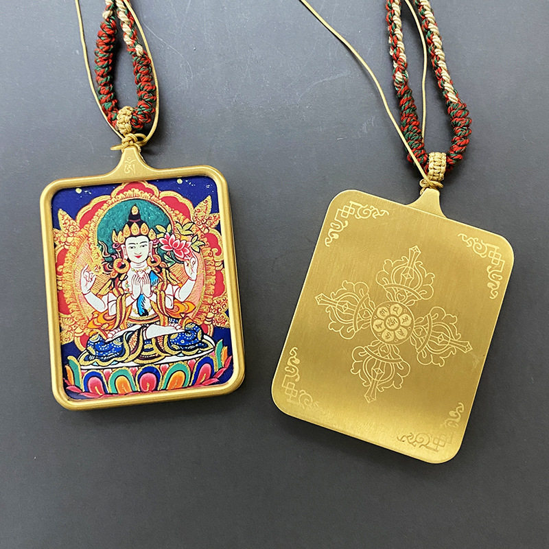 藏式唐卡五台山龙五爷立体纯铜嘎乌盒描金八大守护随身吊坠子