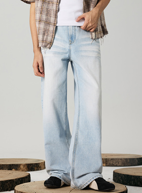 GTRG覆古水洗冰川蓝直筒裤男五袋款cleanfit磨烂设计感牛仔长裤