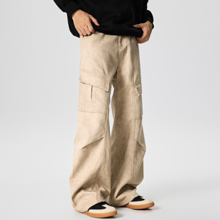 GTRG日系做旧大理石纹理休闲 长裤极简多口袋混搭工装风A字牛仔裤