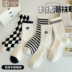 白色刺绣袜子女春秋中筒袜吸汗防臭棉袜条纹运动袜长筒潮学生袜冬