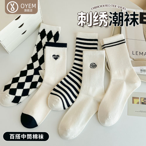 OYEM吸汗防臭女棉刺绣中筒袜