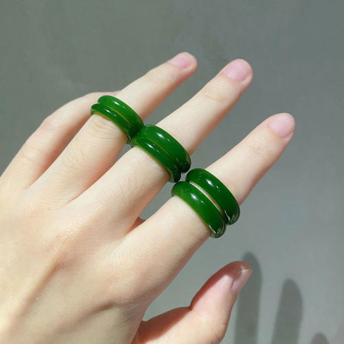 和田玉碧玉戒指男女款俄罗斯菠菜绿阳绿板指天然苹果绿素圈尾指环