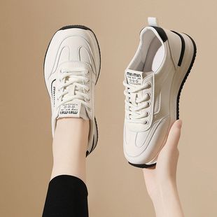 真皮春秋厚底板鞋休闲女款运动鞋老爹轻便系带小白鞋新款百搭女士