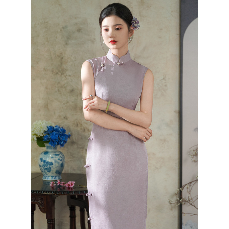 《紫夜》紫色无袖旗袍古法全开襟曳地长款年轻款少女高级感日常可