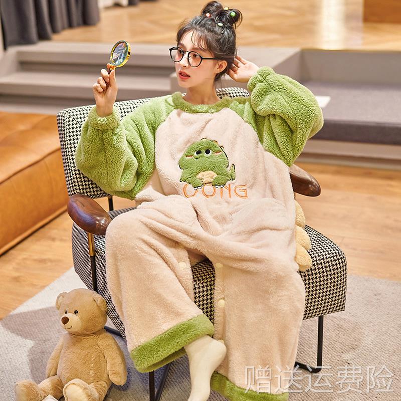 连体睡衣女珊瑚绒秋冬季新款法兰绒加绒加厚2023年冬天卡通套装春
