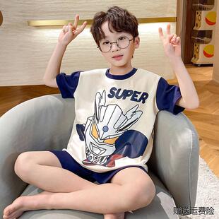 新款男童睡衣儿童夏季薄款纯棉短袖卡通男孩奥特曼夏天家居服套装