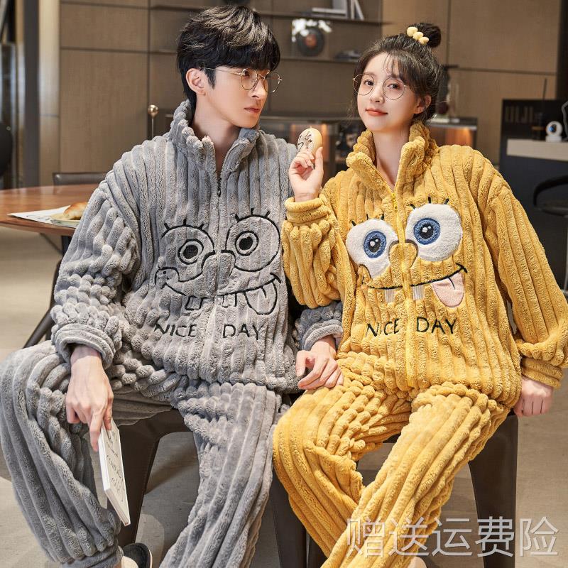 珊瑚绒情侣睡衣女加绒加厚新款男士法兰绒可爱甜美家居服卡通拉链