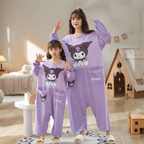 儿童女童连体睡衣春秋纯棉长袖亲子母女装空调服秋季连体衣家居服