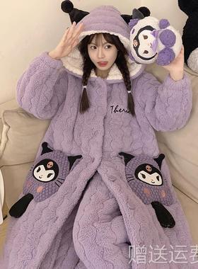 睡袍女款冬季三层夹棉加瑚厚加绒珊保暖睡衣中长QJ-63702款连卡帽