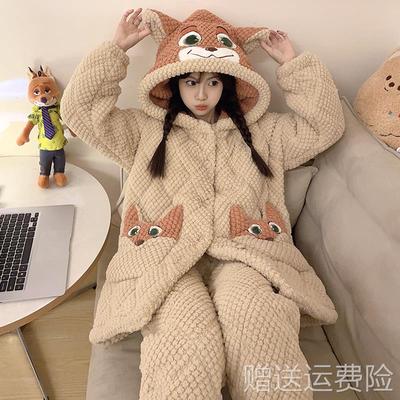 三层夹棉袄睡衣女加绒加厚保暖珊瑚绒秋冬季卡通法兰绒家居服套装