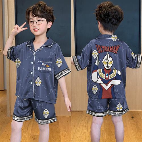 儿童睡衣男童夏季薄款冰丝短袖小男孩中大童真丝绸空调家居服夏天