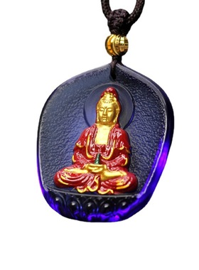 滴水观音吊坠琉璃佛像挂件观世音菩萨吊坠鎏金彩绘版琉璃结缘项链