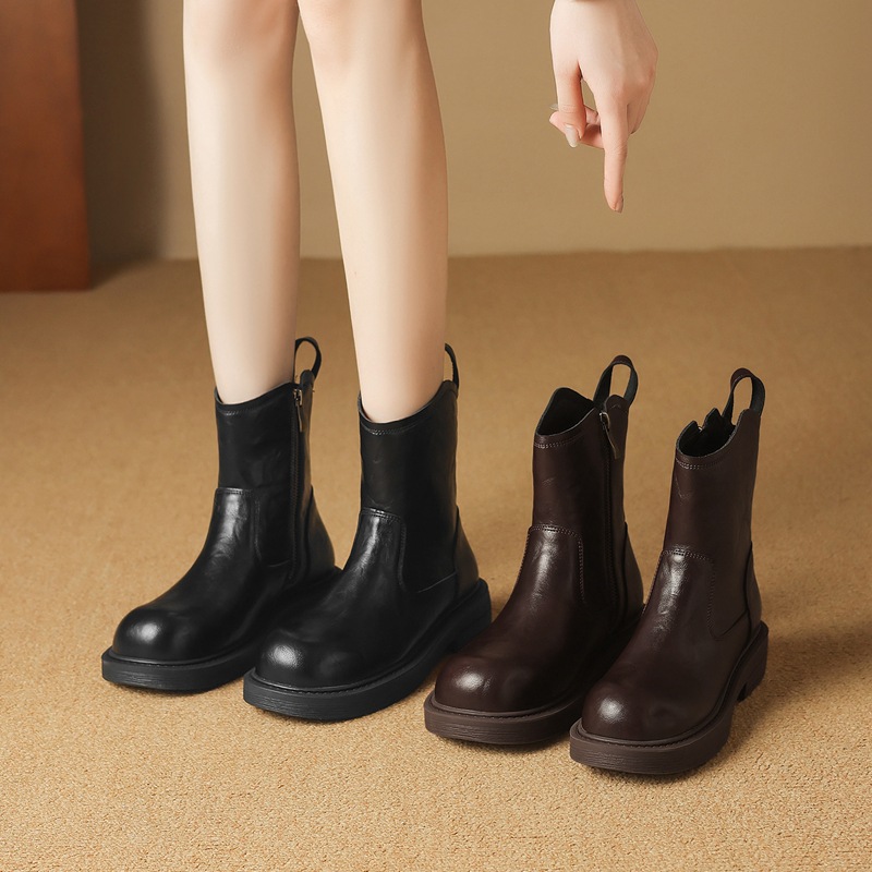 ZHR则则复古优雅加绒短靴厚底增高2025冬季粗根女靴子通勤瘦瘦靴