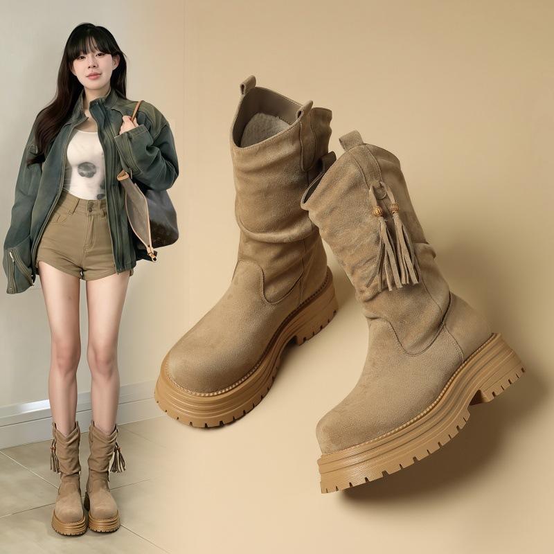 ZHR则则时髦复古西部流苏厚绒堆堆靴女2025秋冬新款加绒保暖靴子