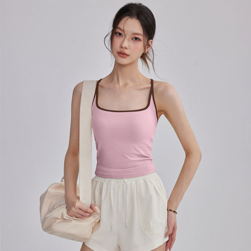 美背吊带瑜伽服背心带固定胸垫防震运动内衣拼色普拉提文胸新