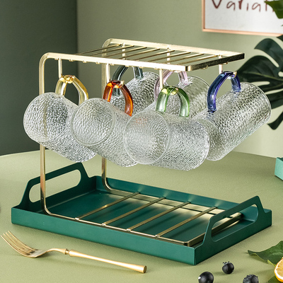 速发轻水套纹玻璃杯家用带把手客厅茶几喝水杯子待客绿茶杯奢杯锤