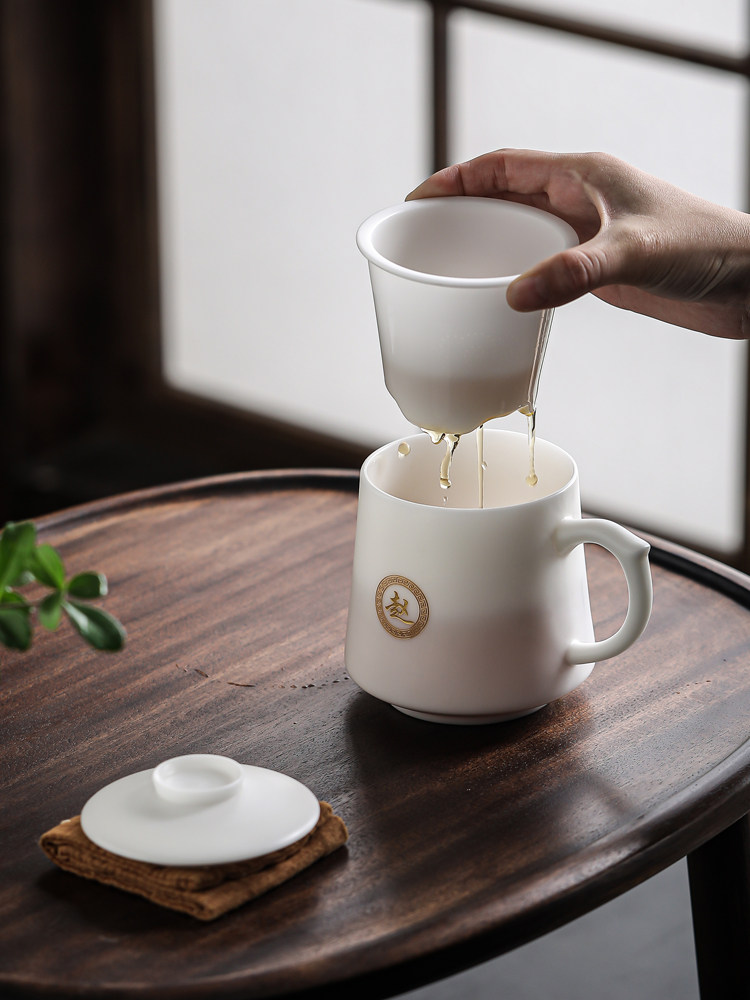 速发羊脂玉办公室专用茶水分离茶杯办公杯水杯马克杯陶瓷杯子