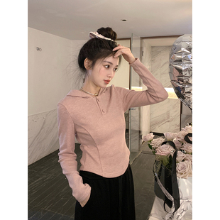 速发粉色纯欲正内连帽长袖t恤春秋短款肩上针织打底衫帽衫搭衣